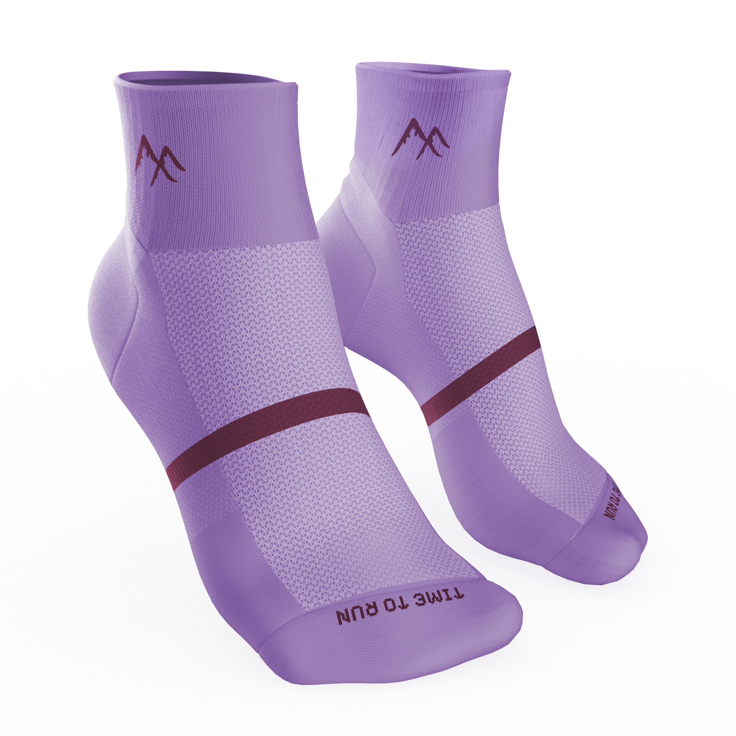 pair of purple short crew running socks on side angle